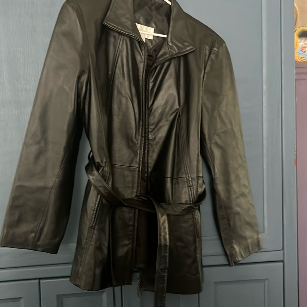 Worthington Womens Black Leather Zip Front Belted Lined Retro Y2K Vibes Jacket-L